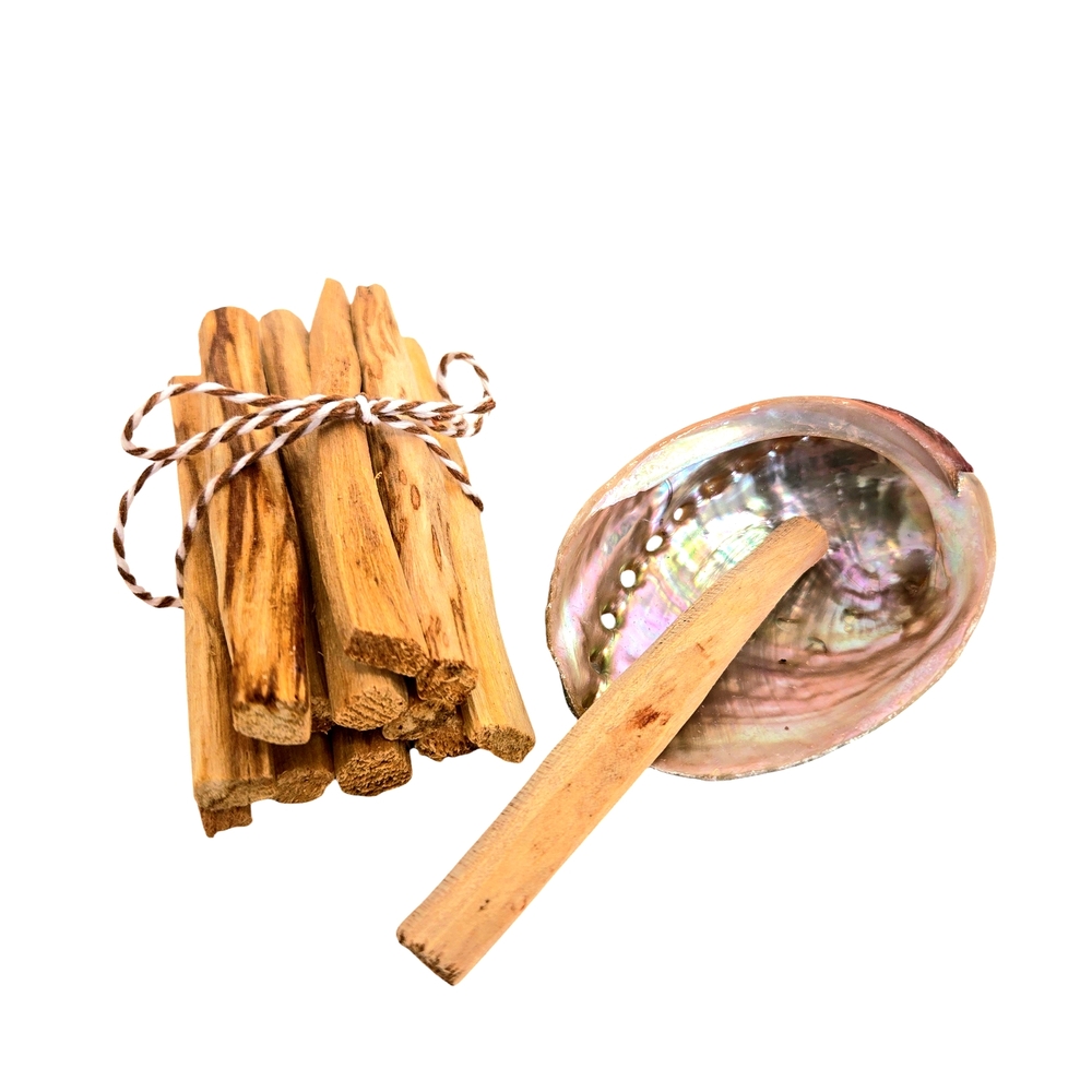 12pc Palo Santo Aromatic Premium Organic Holy Wood Abalon Shell Holder Stand Set - Picture 7 of 12